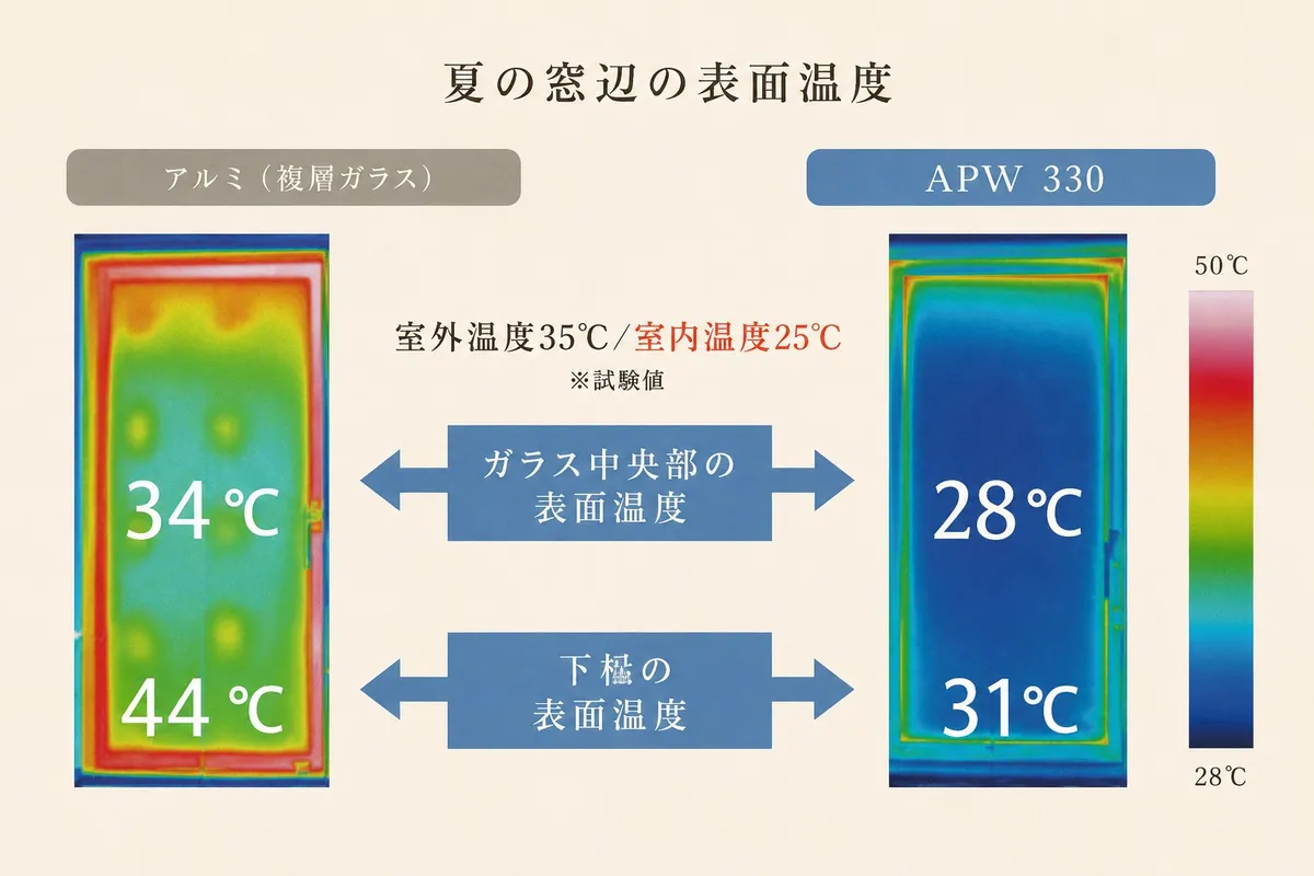 断熱等性能等級5仕様 イメージ③（夏の窓辺表面温度比較）
