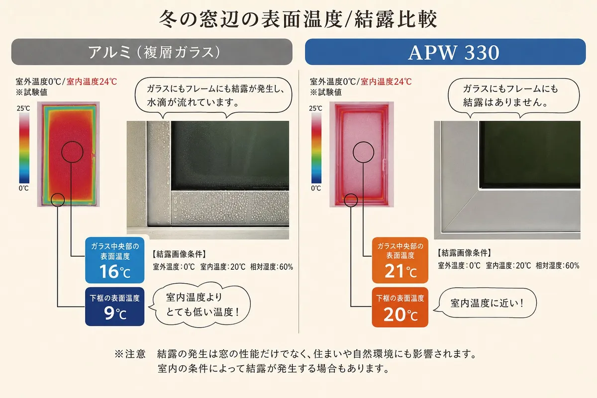 断熱等性能等級5仕様 イメージ④（冬の窓辺表面温度・結露比較）